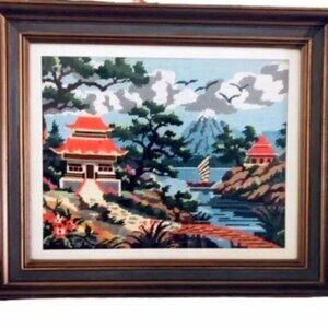 Vintage Handmade Silk Needlepoint Japanese Pagoda Garden Framed